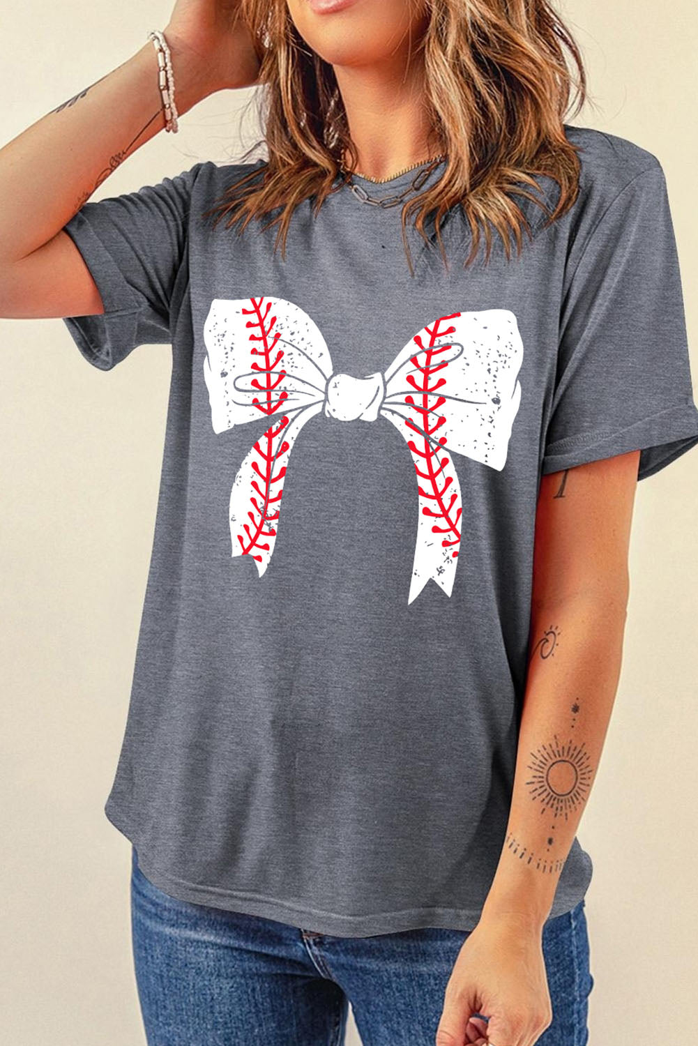 Baseball Bowknot Graphic Roll Up Sleeve Tee