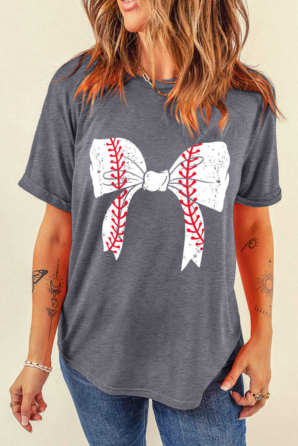 Baseball Bowknot Graphic Roll Up Sleeve Tee