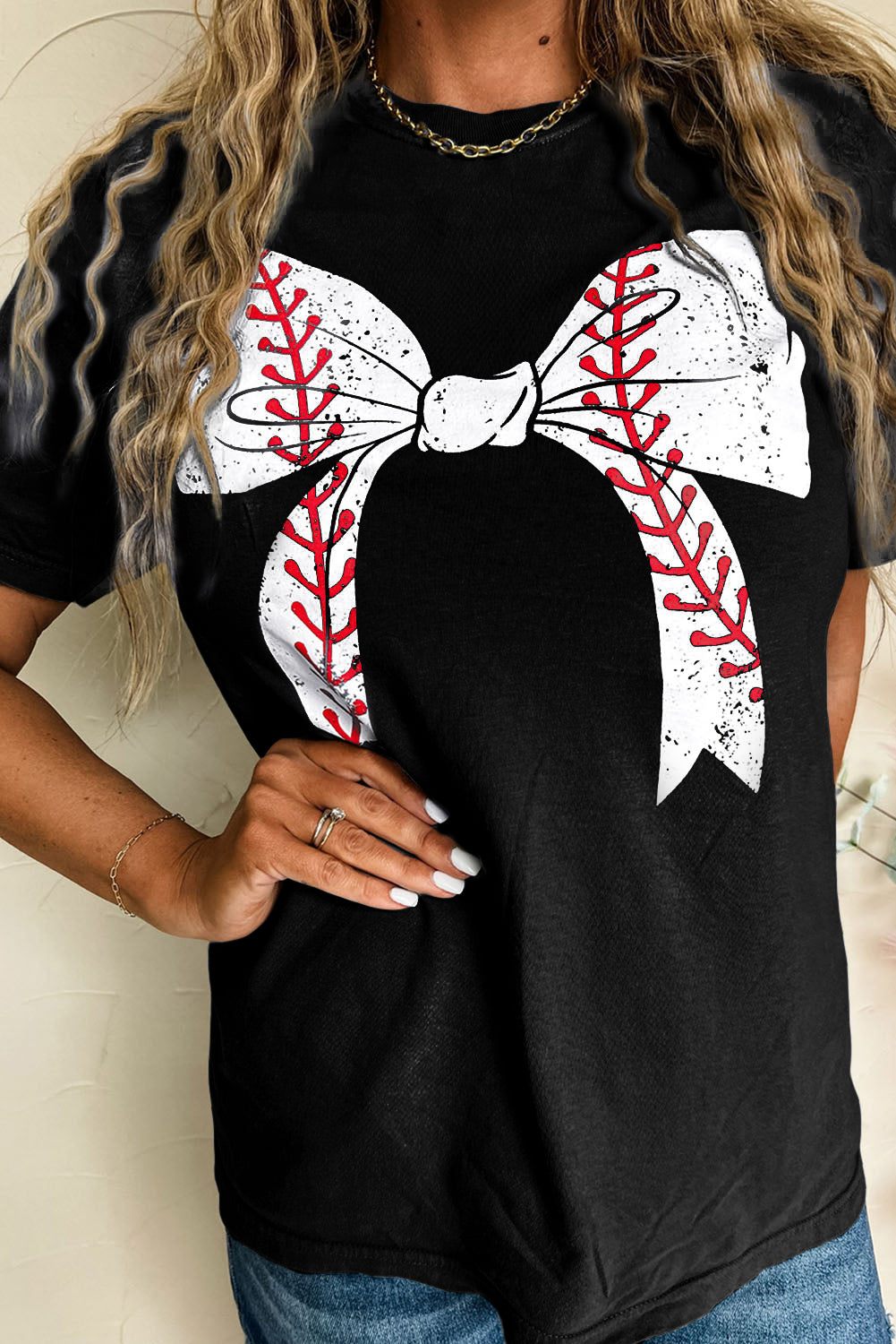 Baseball Bowknot Graphic Roll Up Sleeve Tee