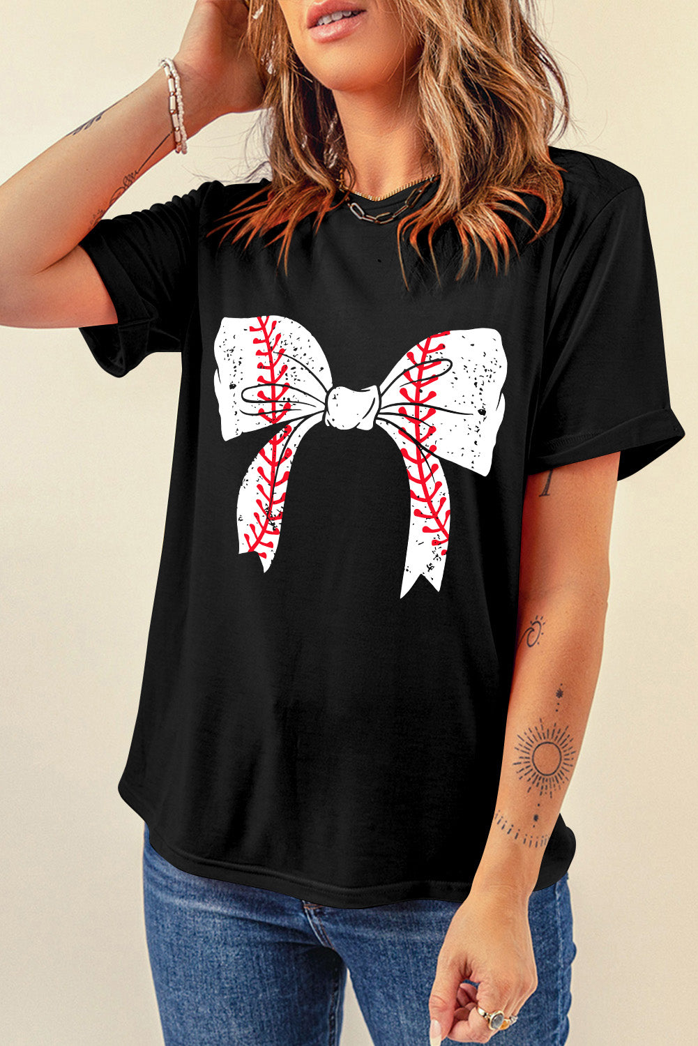 Baseball Bowknot Graphic Roll Up Sleeve Tee