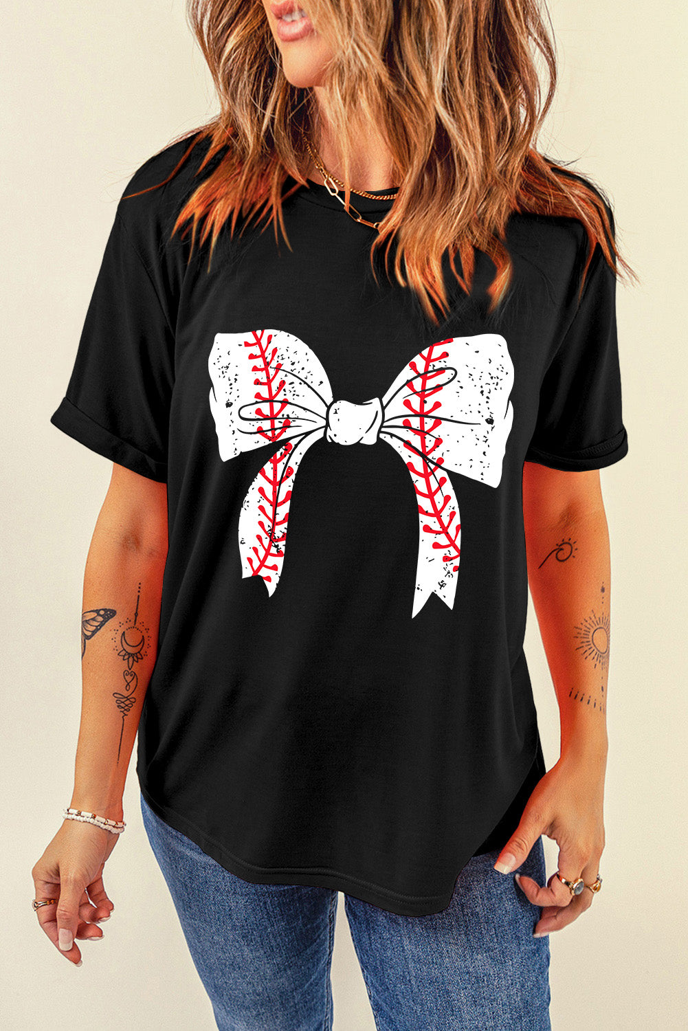 Baseball Bowknot Graphic Roll Up Sleeve Tee