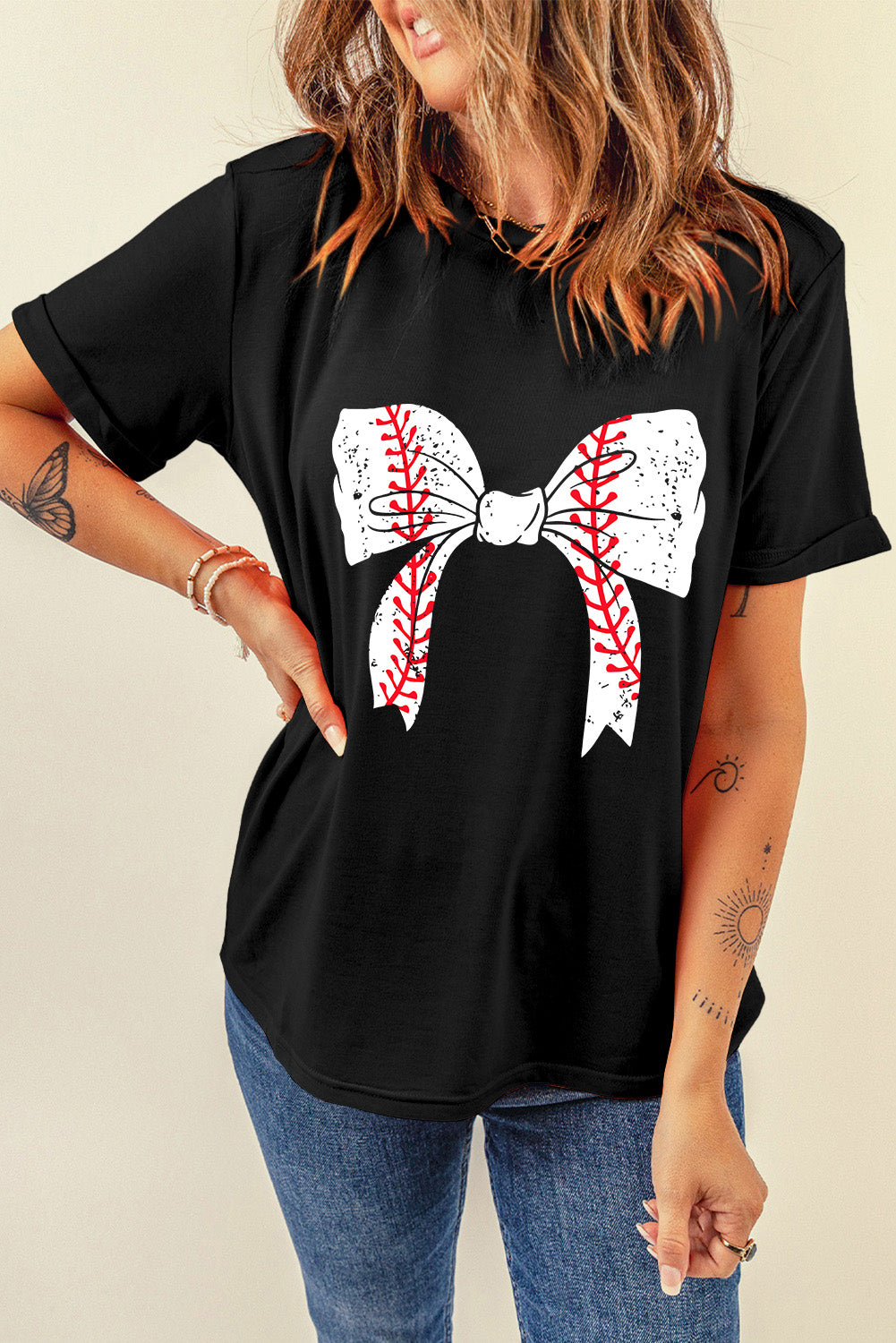 Baseball Bowknot Graphic Roll Up Sleeve Tee