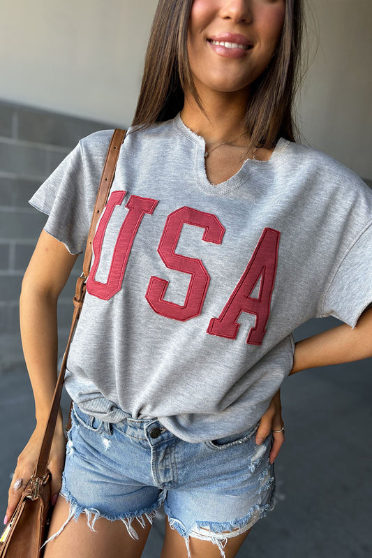 USA Letter Patch Notched Neck Loose Tee