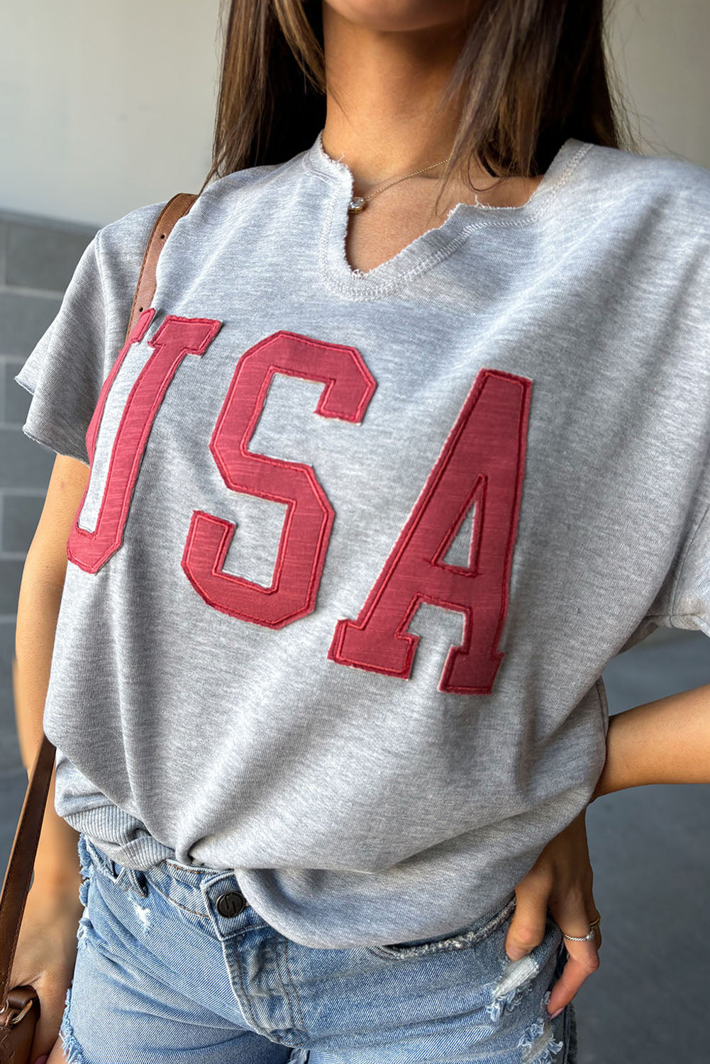 USA Letter Patch Notched Neck Loose Tee