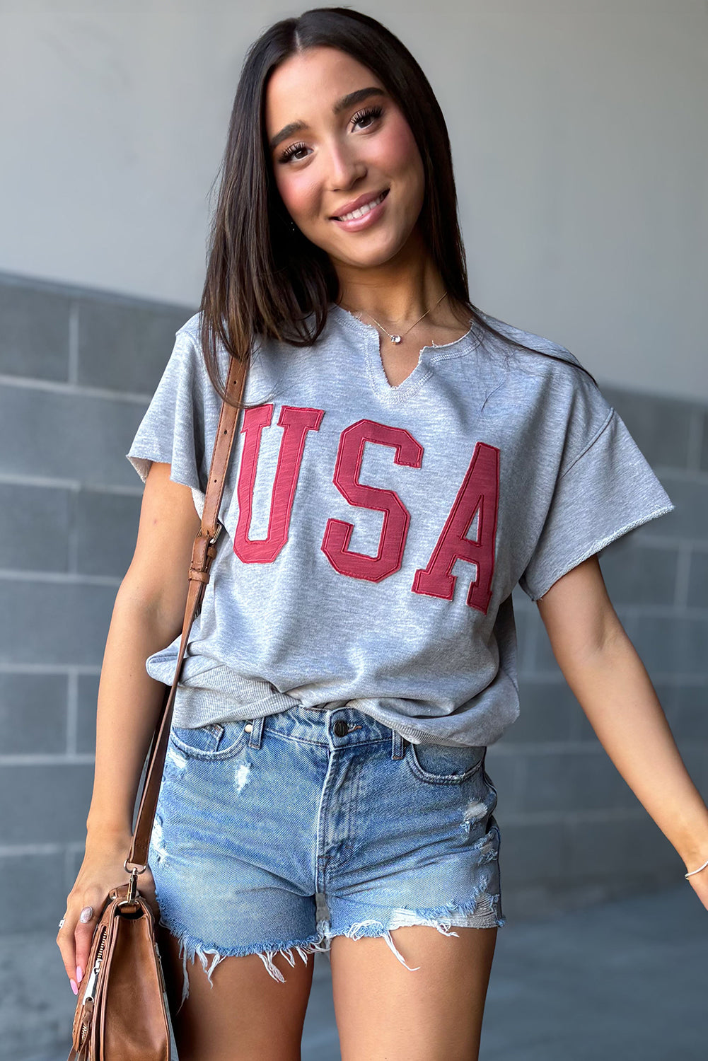 USA Letter Patch Notched Neck Loose Tee