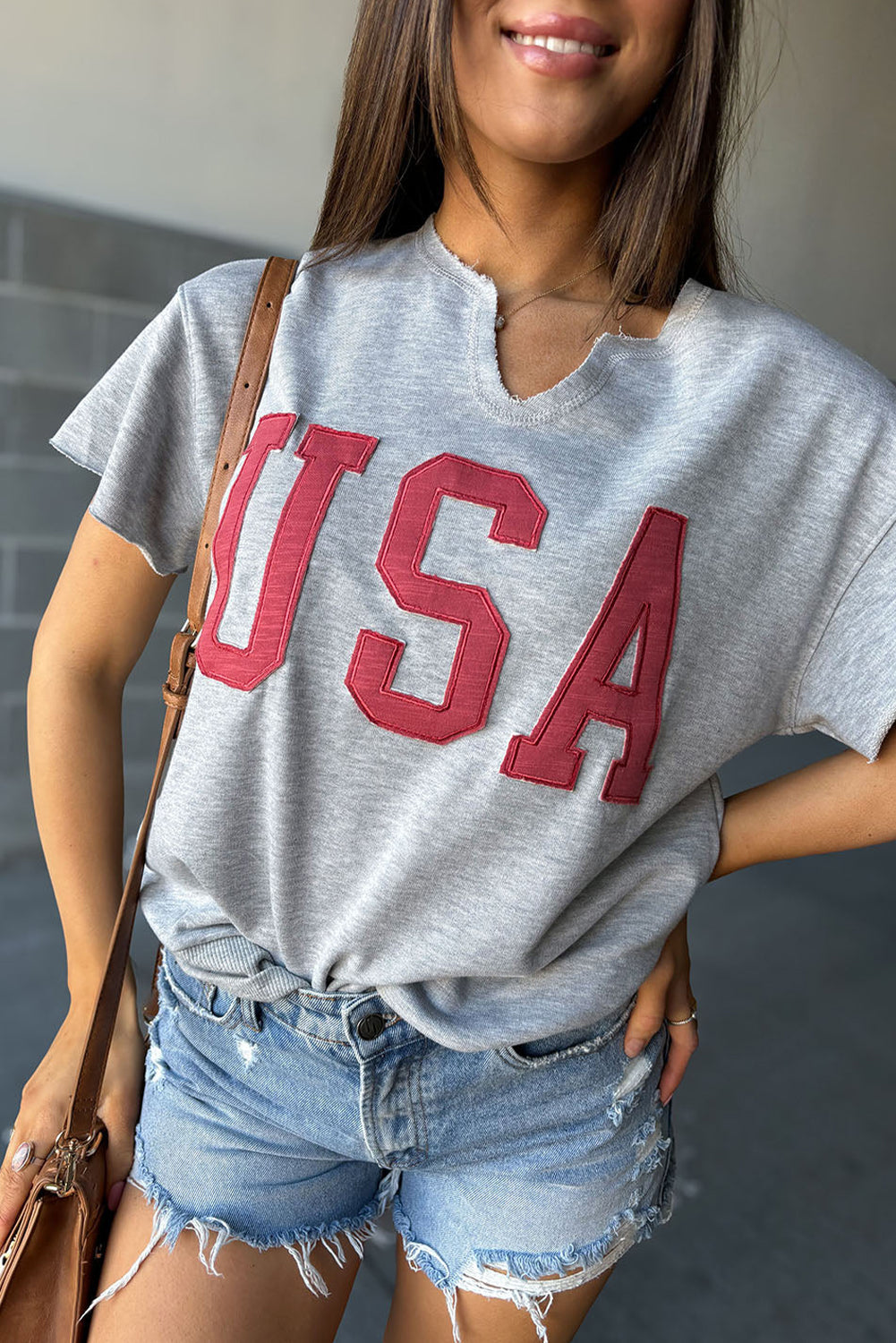 USA Letter Patch Notched Neck Loose Tee