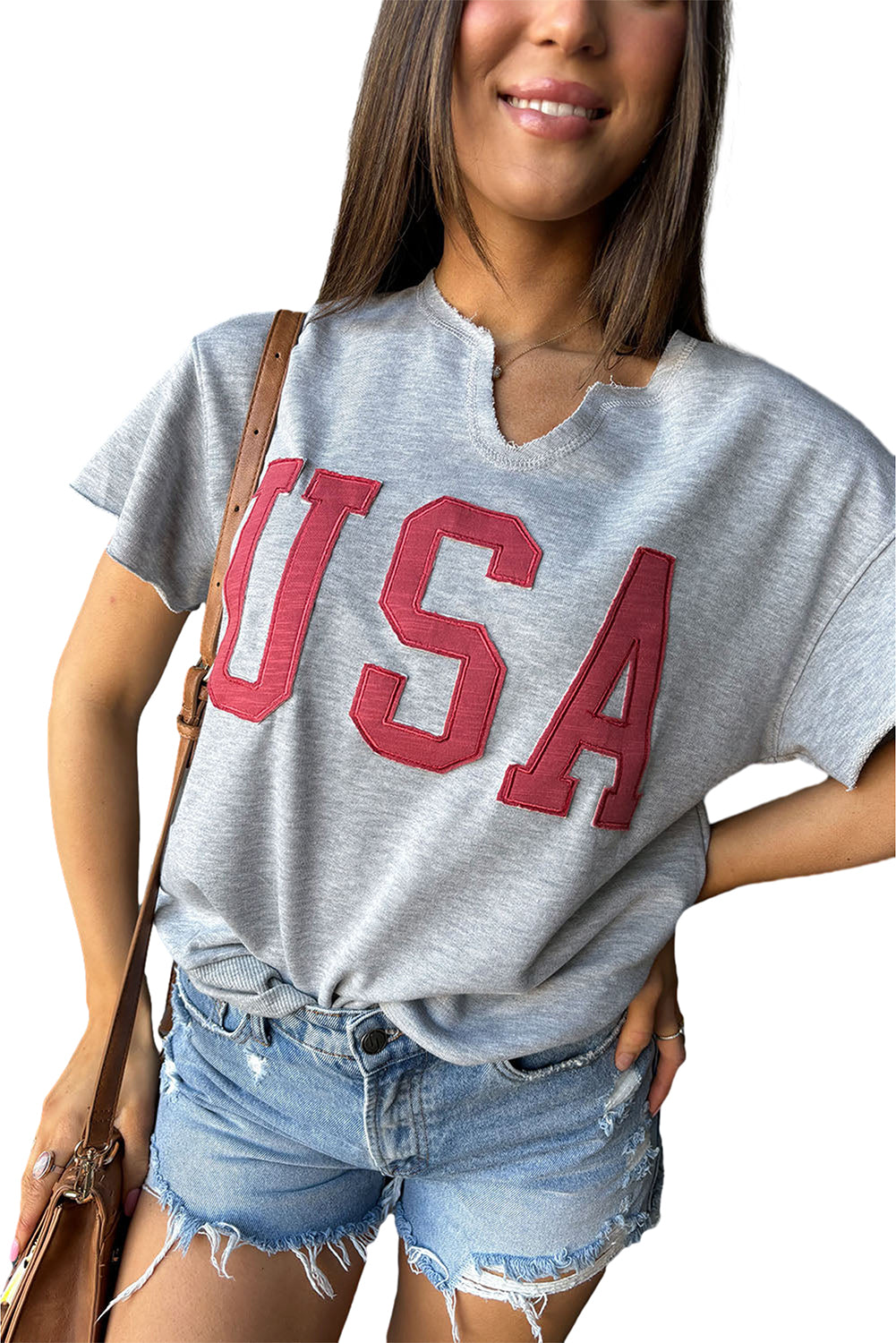 USA Letter Patch Notched Neck Loose Tee