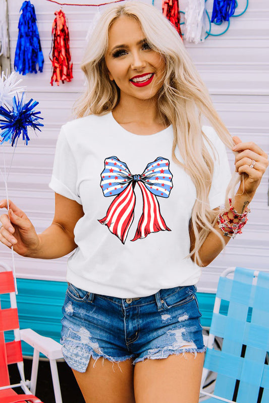 White Stars and Stripes Bowknot Graphic T Shirt