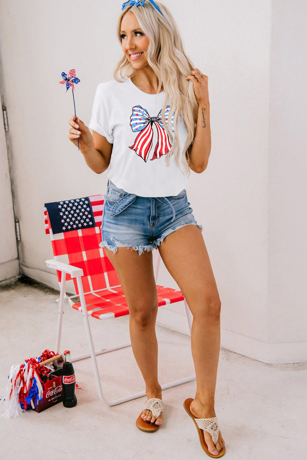 White Stars and Stripes Bowknot Graphic T Shirt