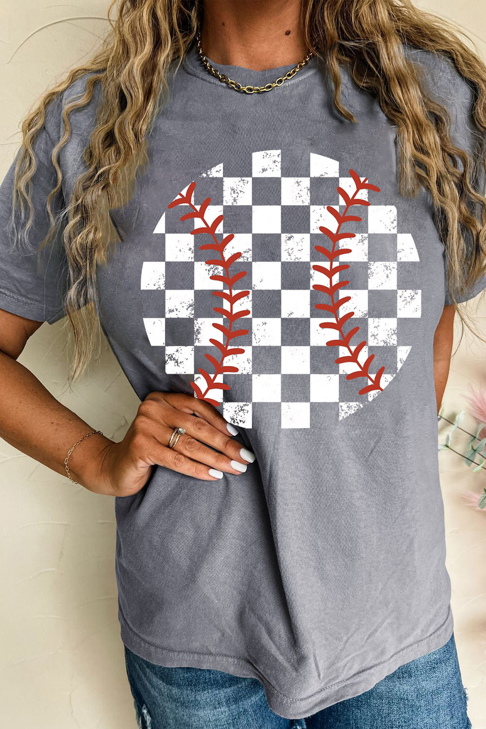 Baseball Print Crew Neck Graphic Tee