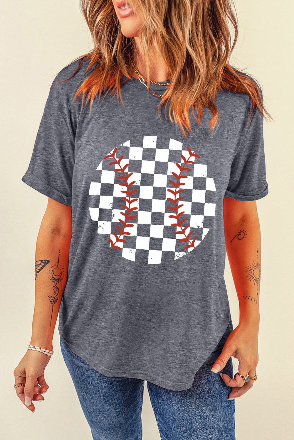 Baseball Print Crew Neck Graphic Tee