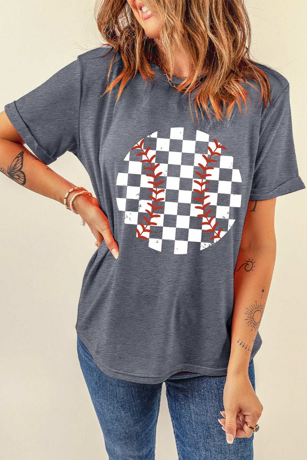 Baseball Print Crew Neck Graphic Tee