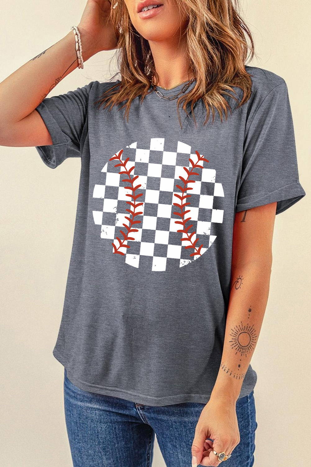 Baseball Print Crew Neck Graphic Tee