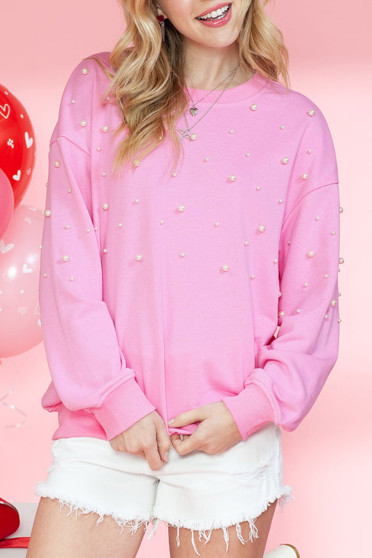 Pink Pearl Decor Ribbed Contrast Sweatshirt