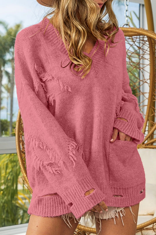 Pink Ripped Pocketed Patchwork Loose Fit Sweater