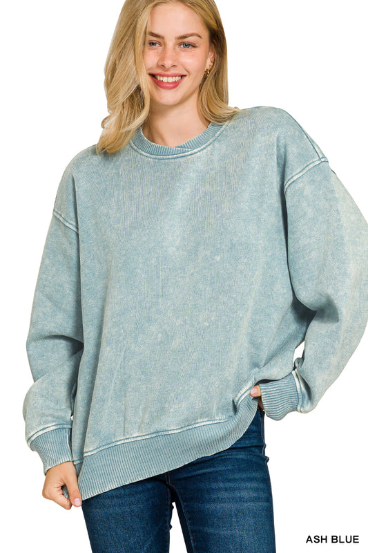 Zenana Acid Washed Oversized Fleece Pullover