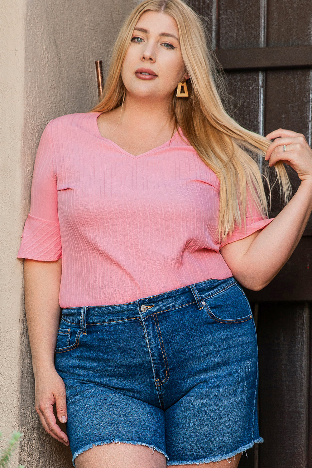 V Neck Short Sleeve Plus Size Blouse