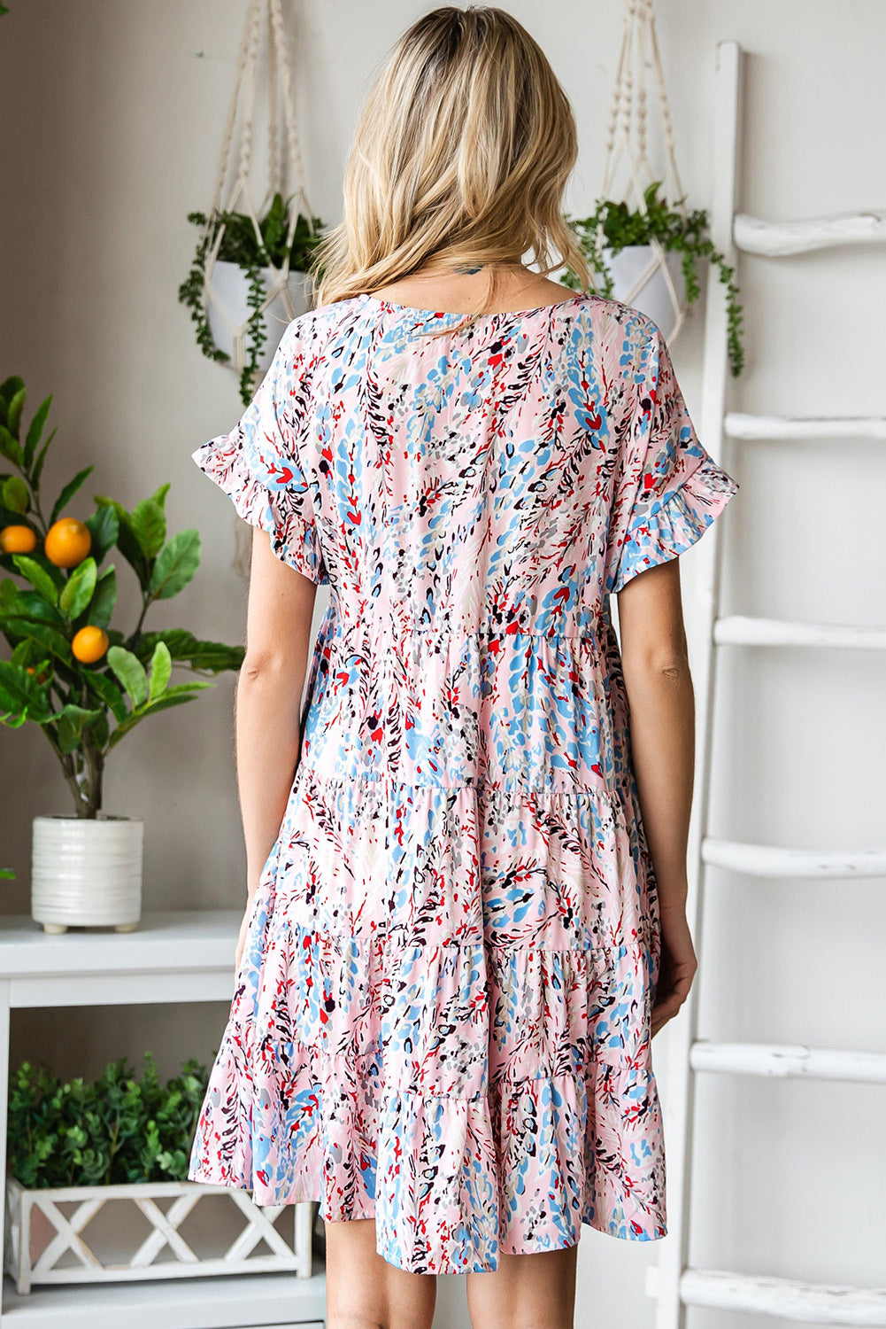 Abstract Print Boho Tiered Ruffled Short Dress