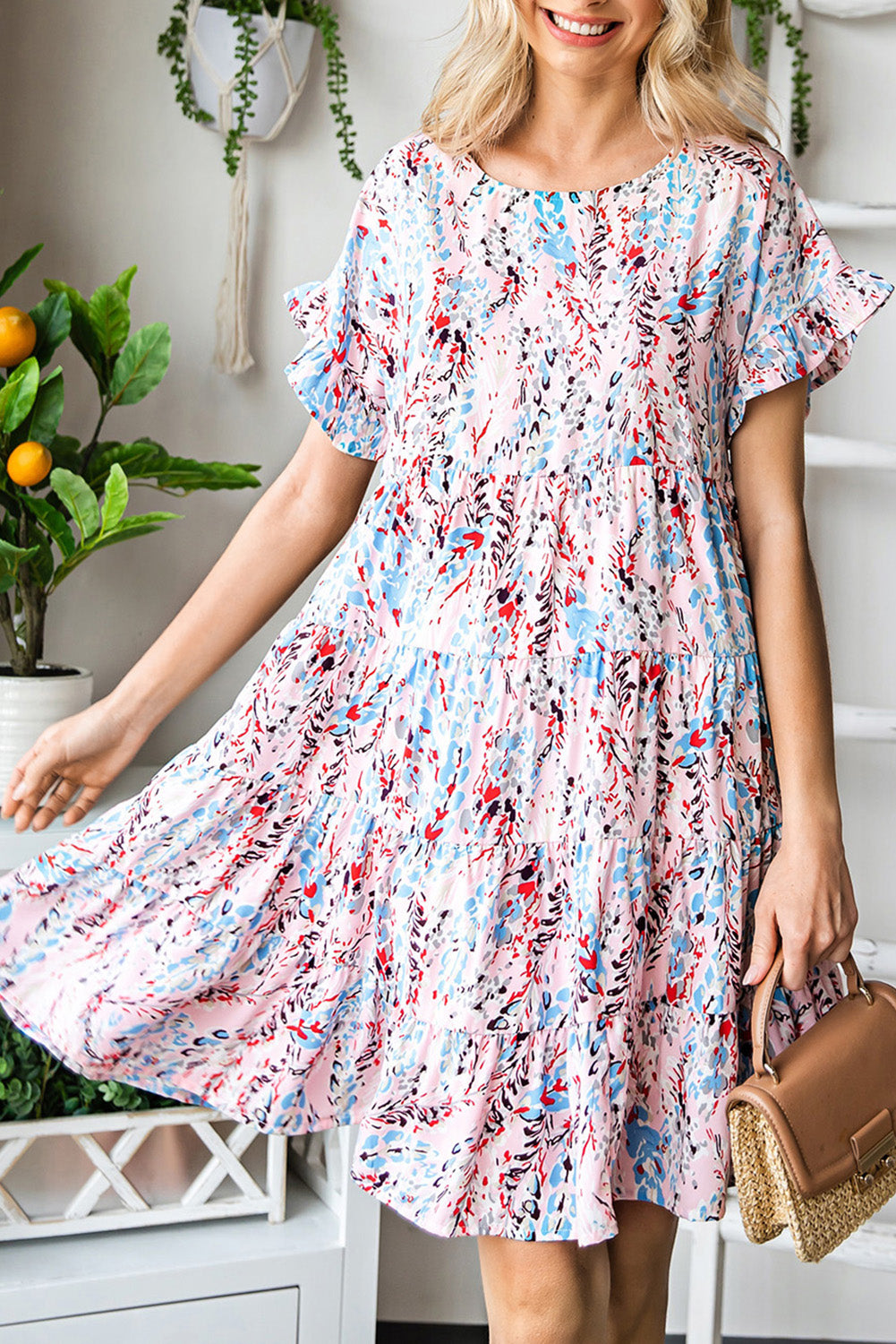 Abstract Print Boho Tiered Ruffled Short Dress