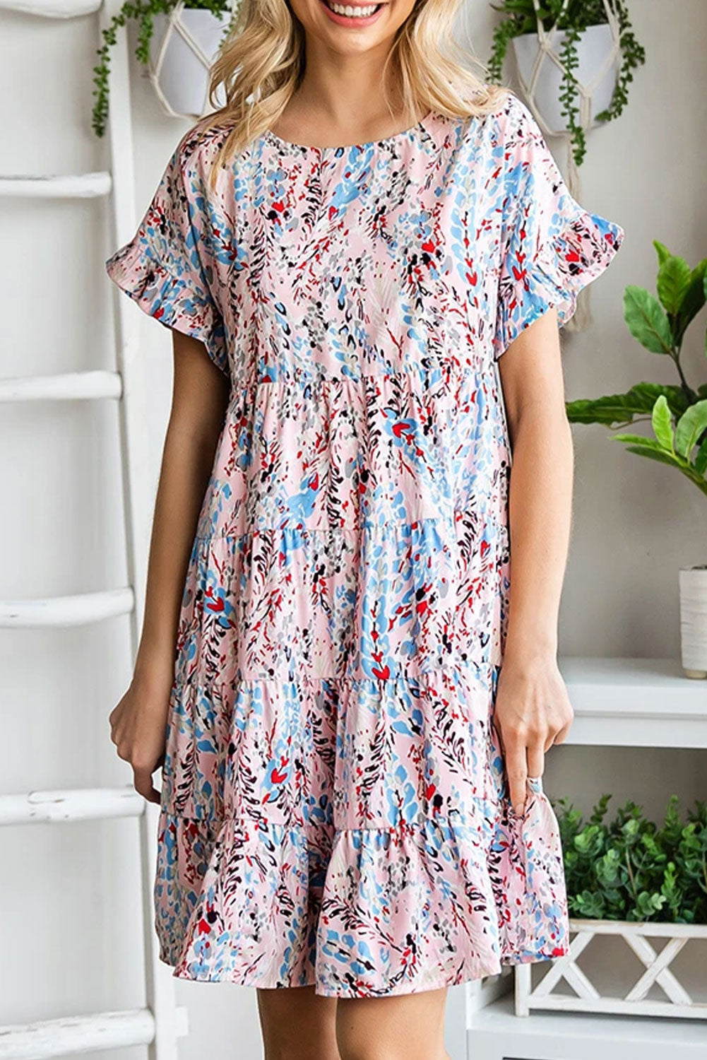 Abstract Print Boho Tiered Ruffled Short Dress