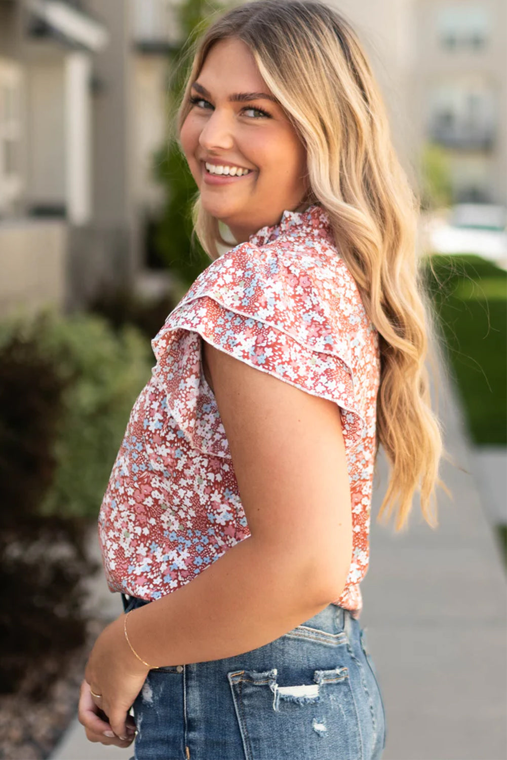 Floral Print Ruffled Sleeve Plus Size Blouse