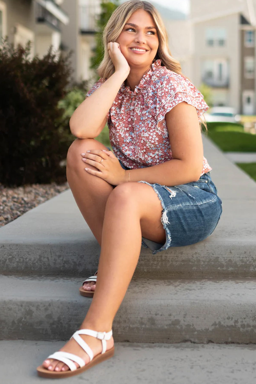 Floral Print Ruffled Sleeve Plus Size Blouse