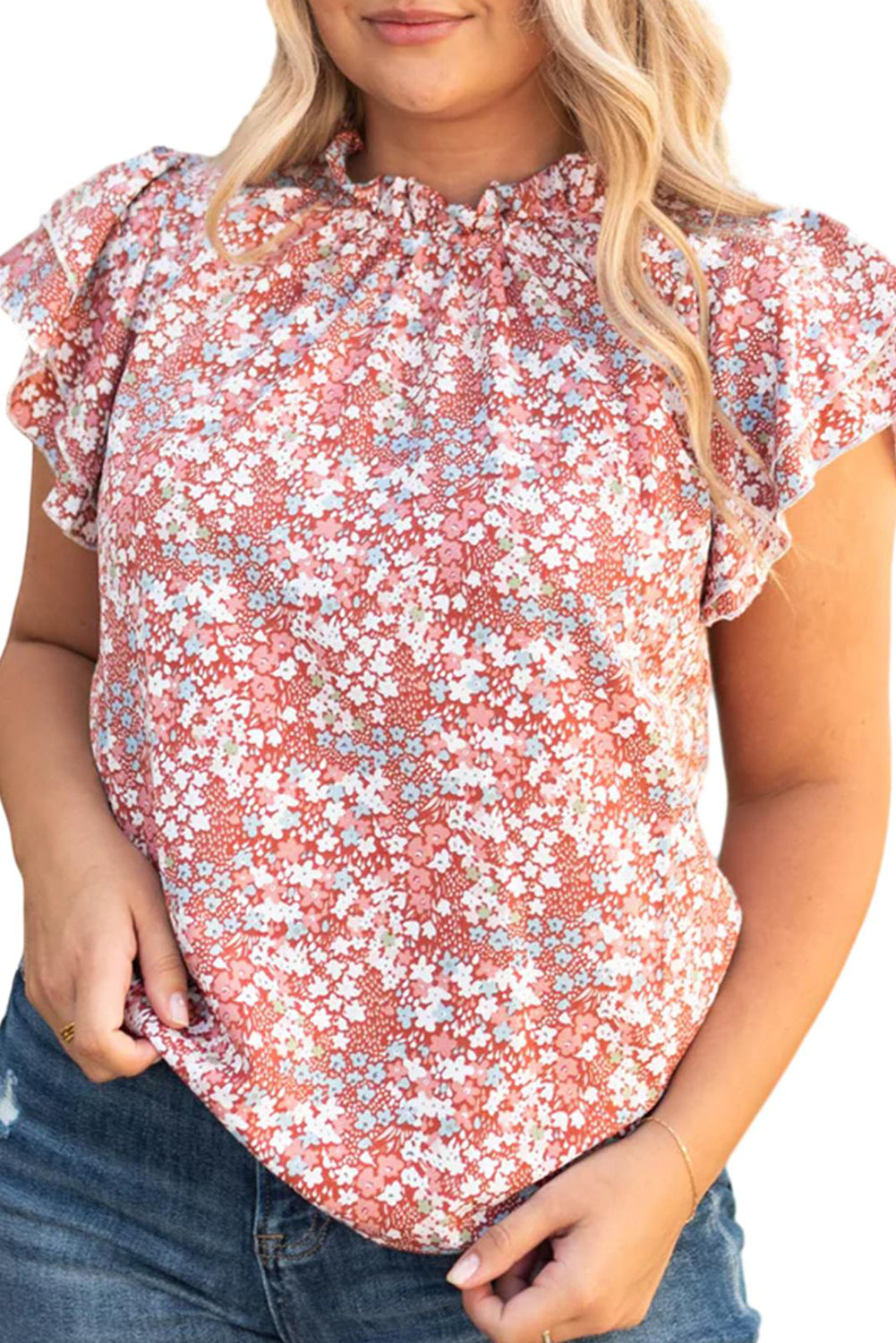 Floral Print Ruffled Sleeve Plus Size Blouse