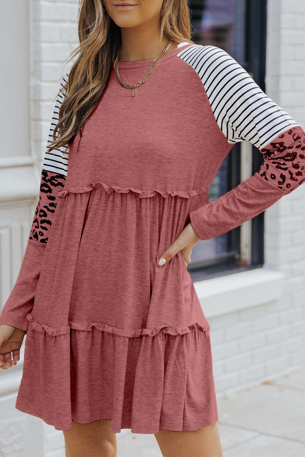 Striped Leopard Patchwork Long Sleeve Dress