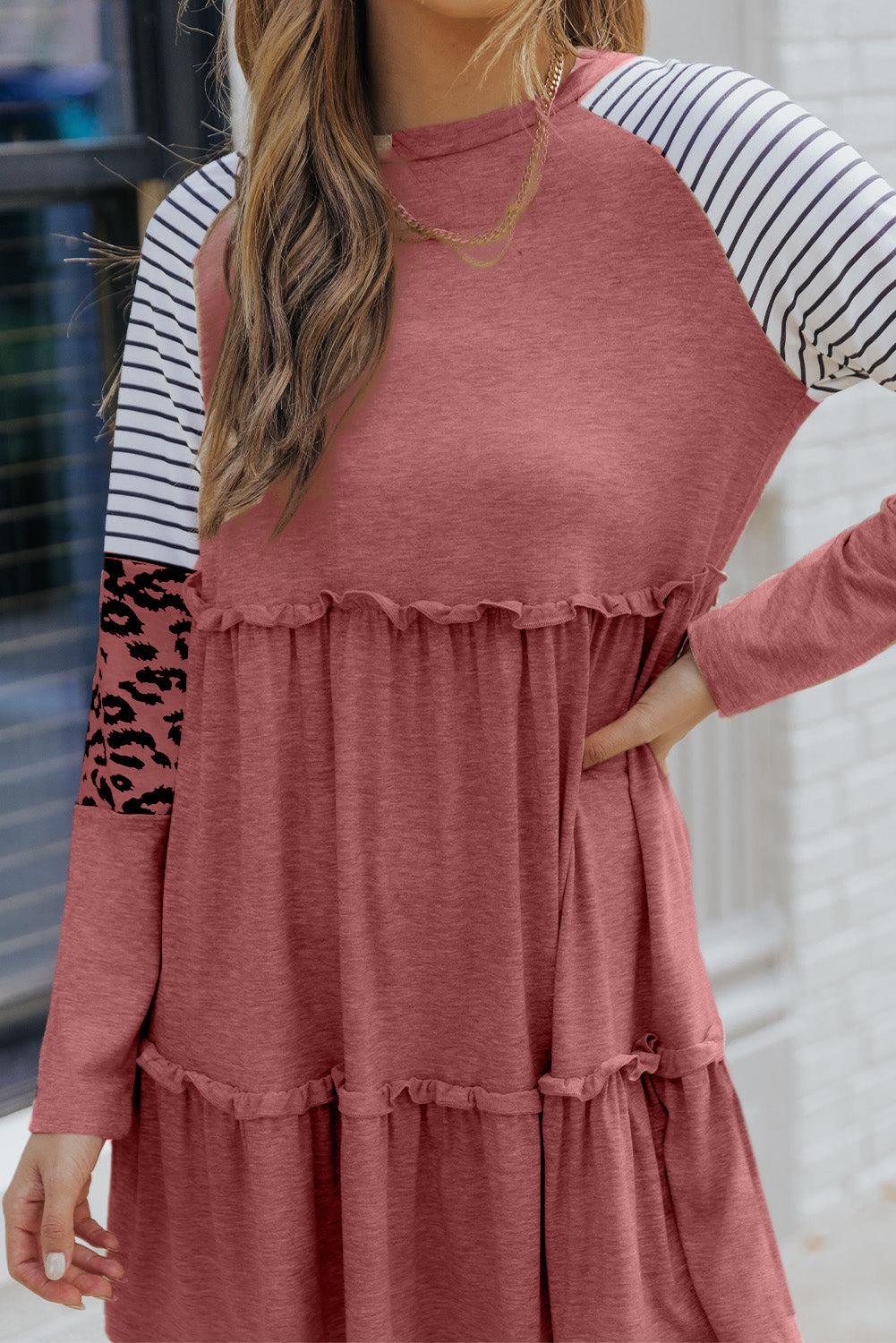 Striped Leopard Patchwork Long Sleeve Dress